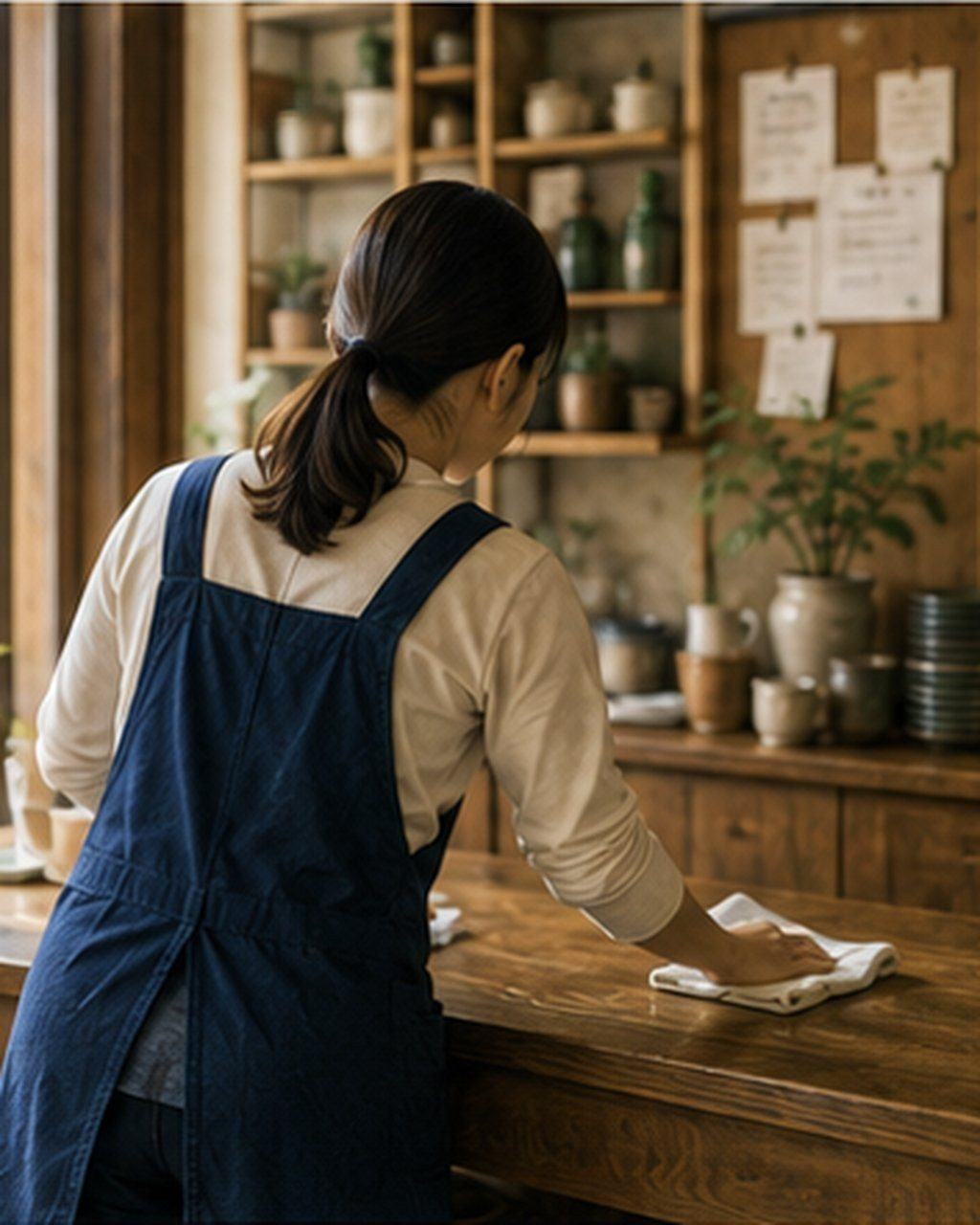 スマートフォンの口コミを見て困った表情を浮かべる店主