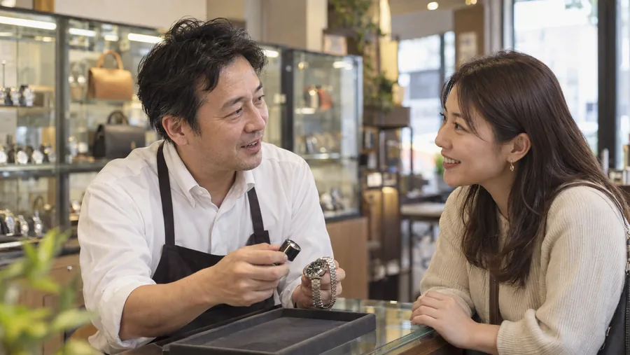 買取店のスタッフがルーペで腕時計を査定している様子（イメージ）