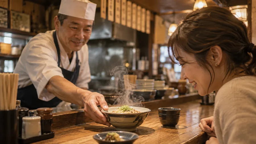 飲食店の店主がカウンター越しに料理を提供している様子（イメージ）